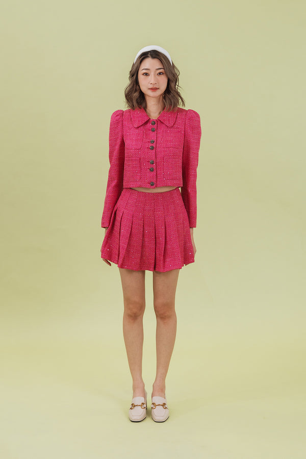 Deorlitta Shiny Tweed Jacket and Short Pleated Skirt Set
