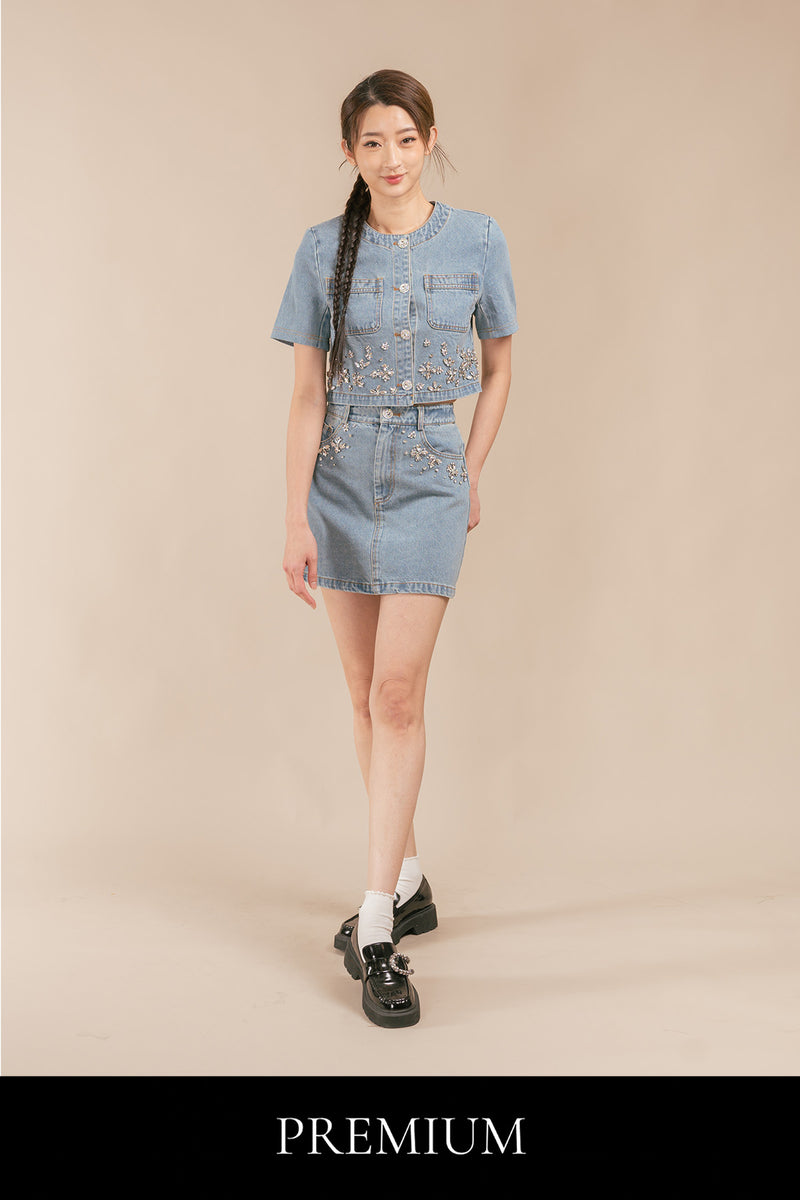 Deressa Denim Diamond Embellished Short Sleeve Jacket and Skirt Set