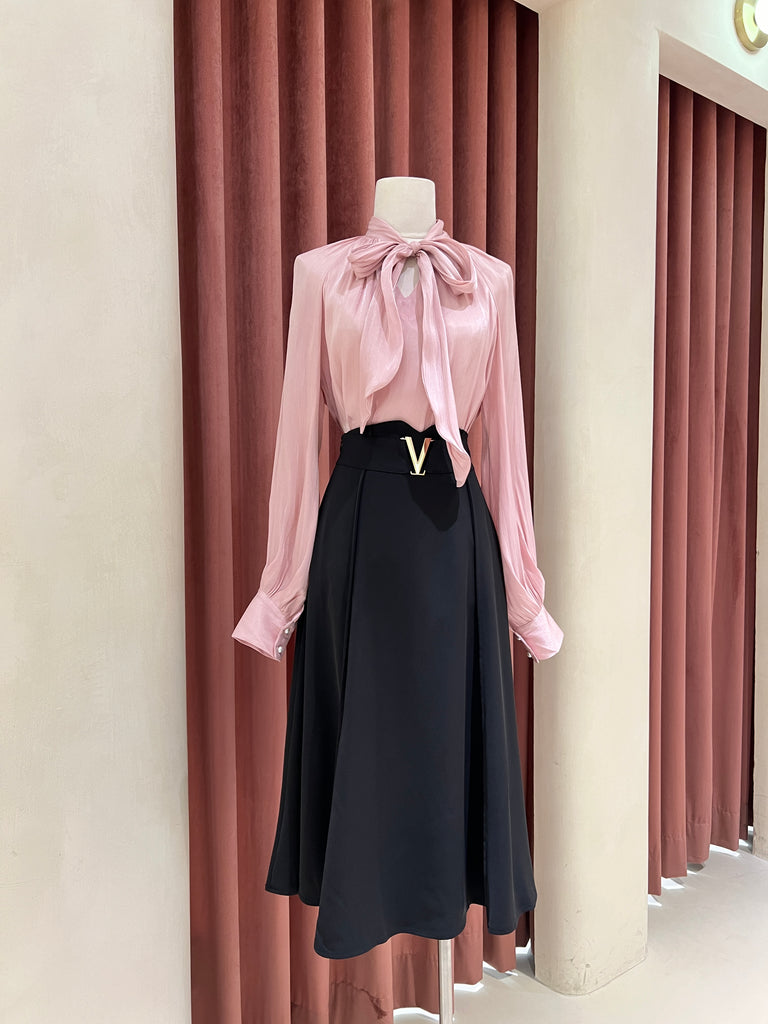 Revillea Organza Sheer Long Sleeve Blouse with Ribbon Tie