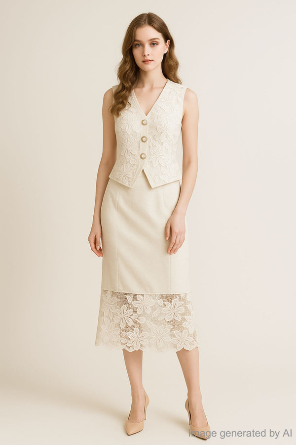 Elainaa Sleeveless V-Neck Vest with Floral Lace Overlay