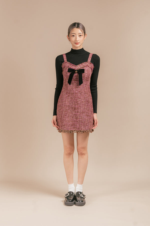 Annaline Tweed Short Ribbon Dress and Ribbed Top Set