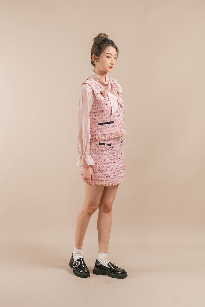 Annvisa Tweed Vest, Blouse, and Short Skirt Set – 26 INCHI