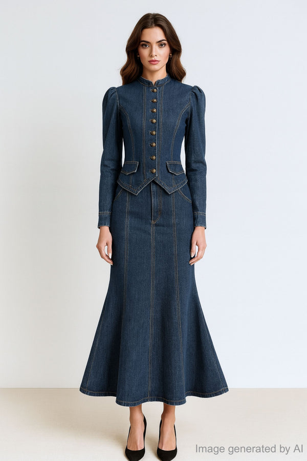 Arden Framed Seamline Denim Blouse with Crest Buttons