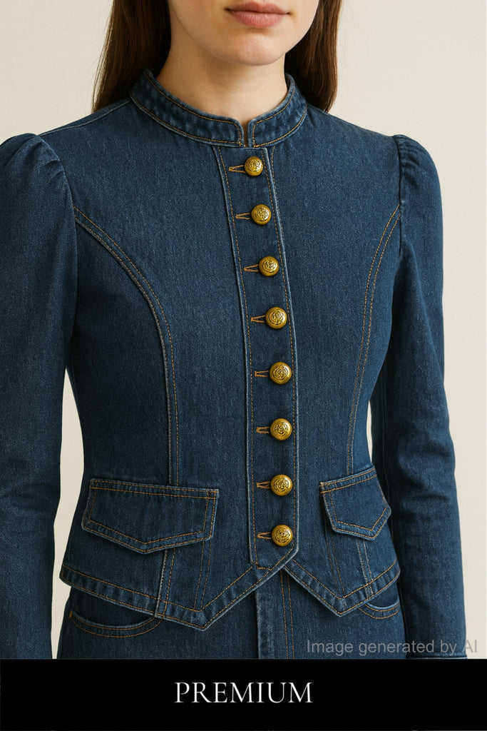 Arden Framed Seamline Denim Blouse with Crest Buttons