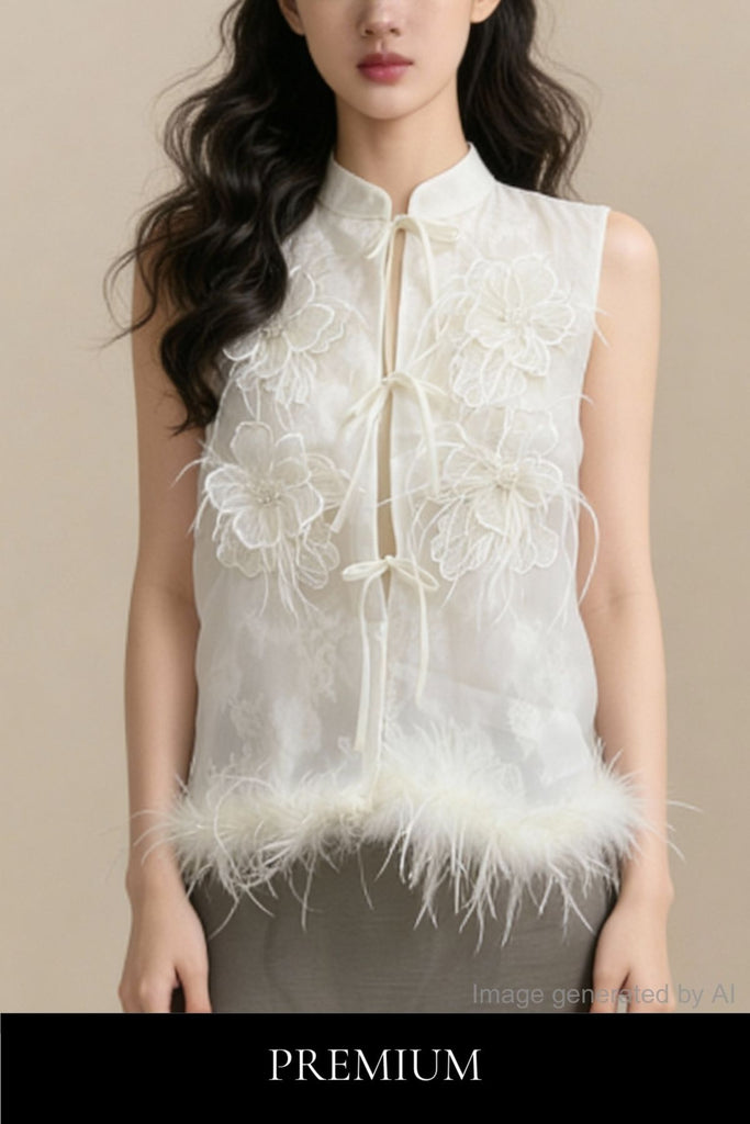 Aurelia 3D-Flower Feather-Trim Top