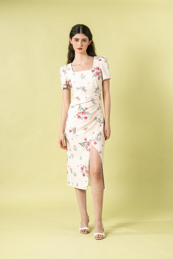 Beaurllyn Floral Bodycon Ruched Midi Dress