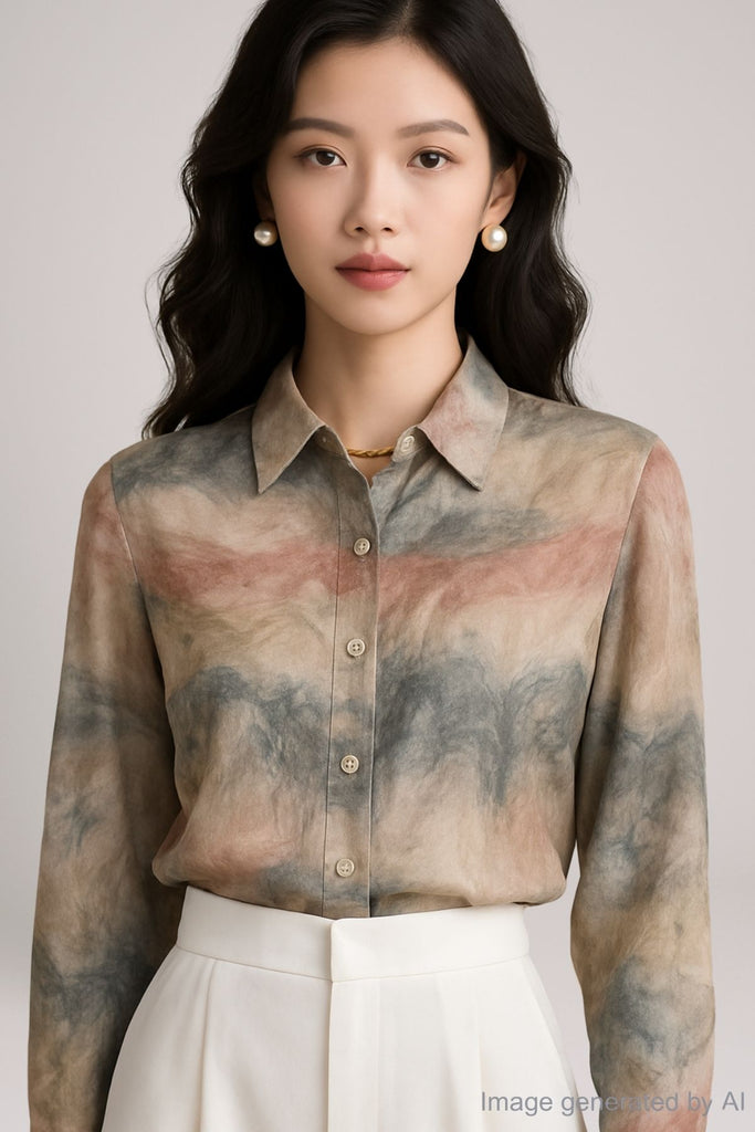 Belline Drip-Dye Satin Long Sleeve Blouse