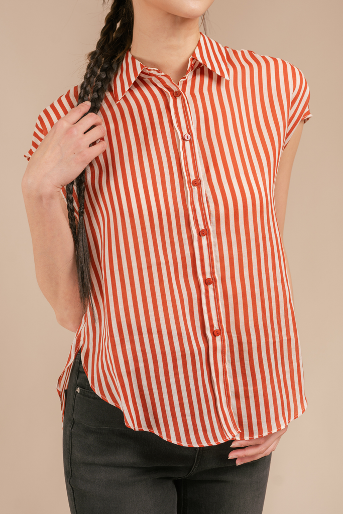 Brionne Sleeveless Collar Stripe Button Down Blouse