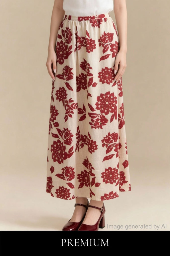 Calis Floral Linen Midi Skirt