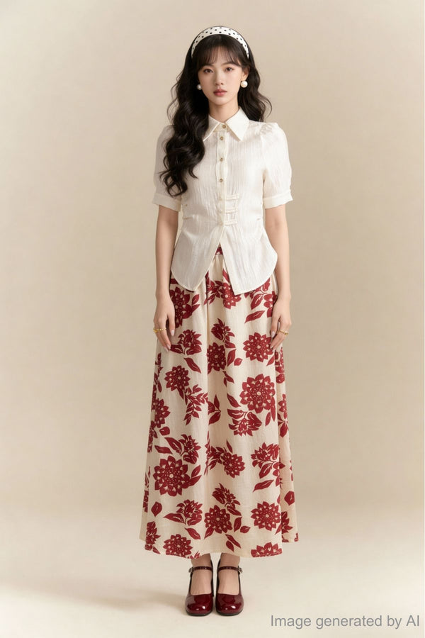 Calis Floral Linen Midi Skirt