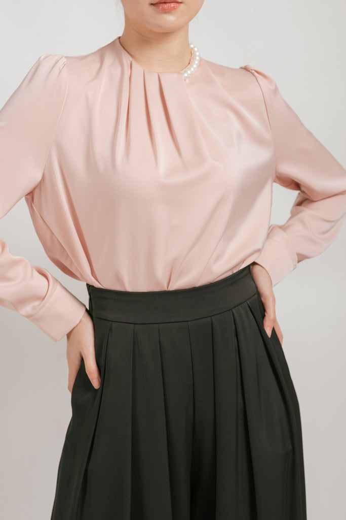 Carvitta Pleated Pearl Long Sleeve Blouse