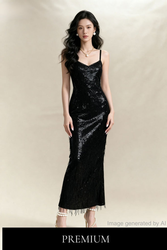 Celeste Midnight Fringe Gown