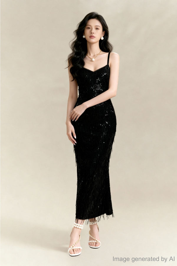 Celeste Midnight Fringe Gown