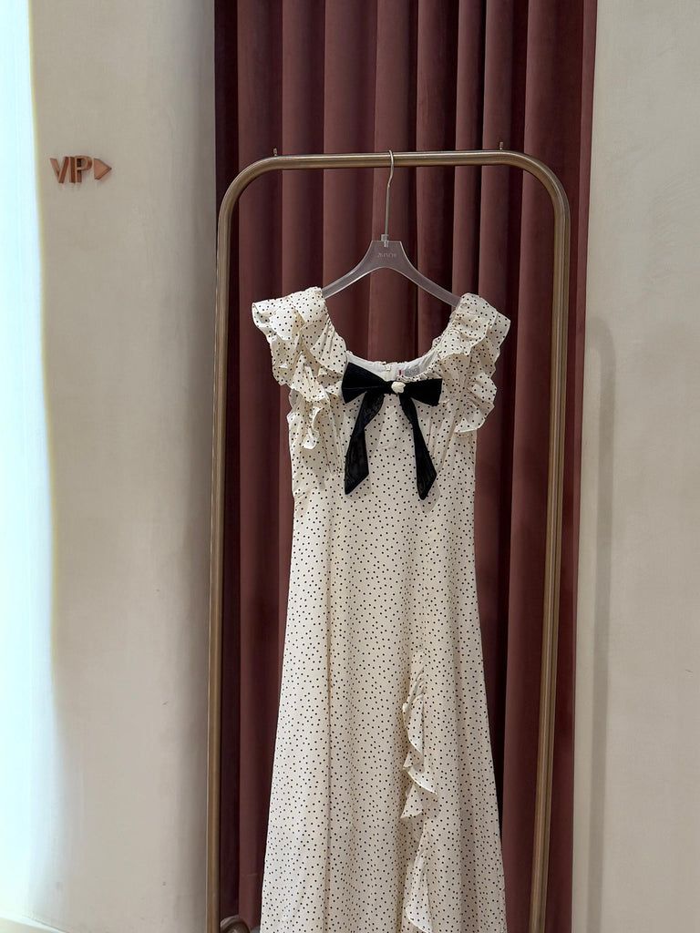 Sevenia Polka Dot Ribbon Ruffled Maxi Dress