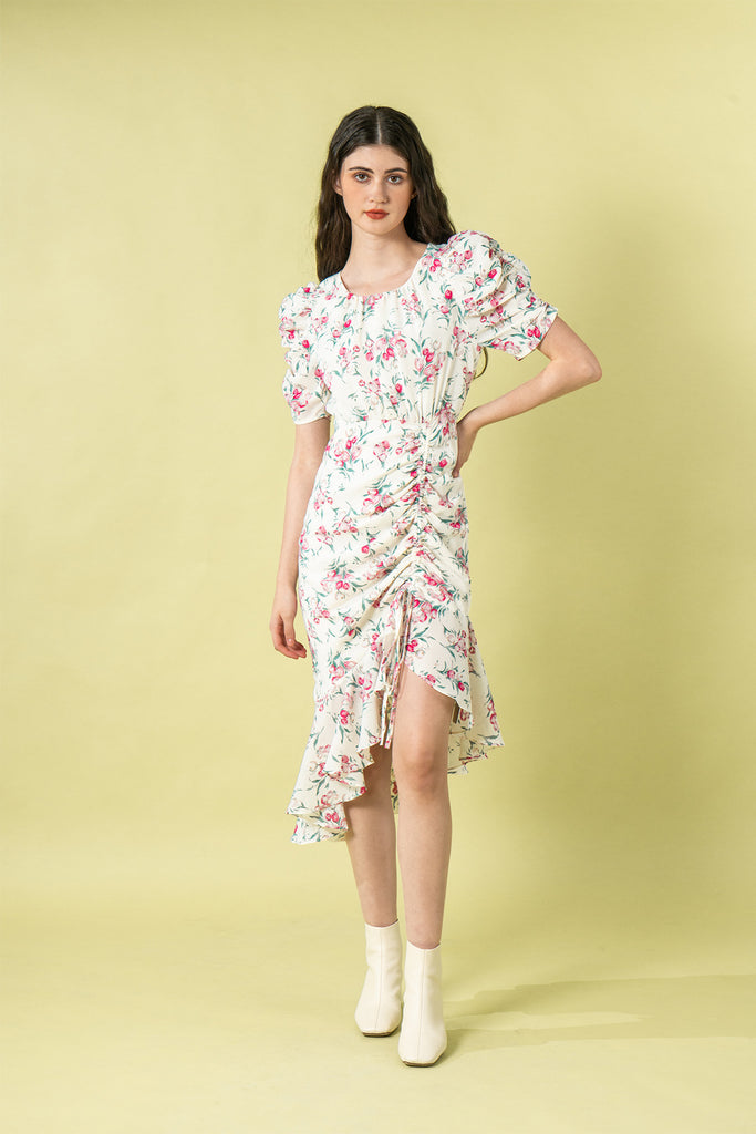 Deorcitto Assymetrical Ruched Floral Midi Dress