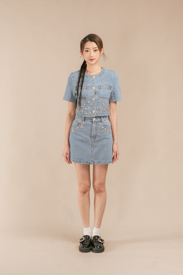 Doretta Denim Diamond Embellished Mini Skirt