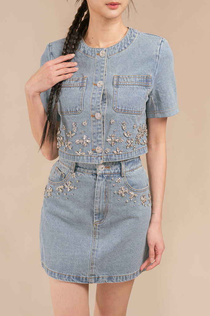 Deressa Denim Diamond Embellished Short Sleeve Jacket and Skirt Set – 26  INCHI