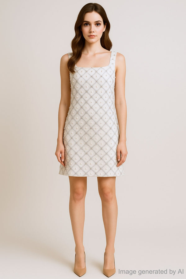 Eirisse Sleeveless Square Neck Mini Dress Embroidered with Pearl and Sequins