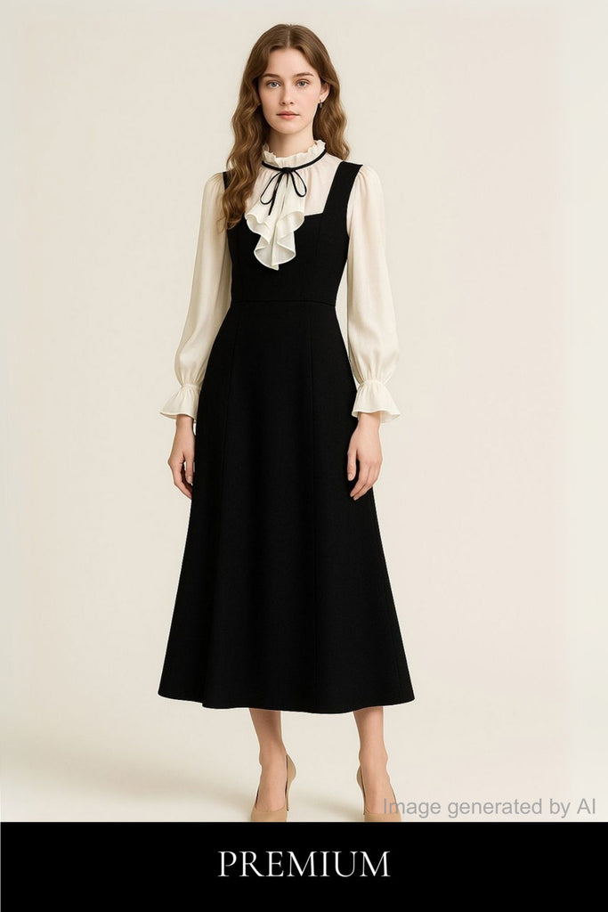 Emiilise Ribbon Ruffle Sleeve Blouse with Layered Pinafore Dress Set