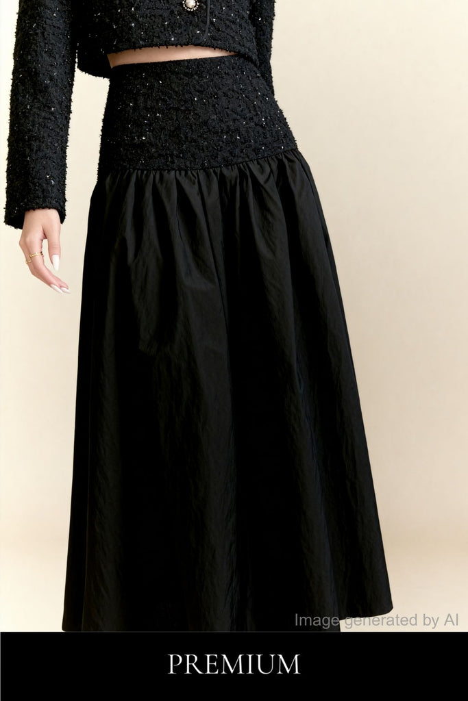 Emina Tweed-Waist Chiffon Midi Skirt