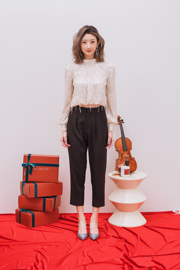 Endinne Sheer Sequin Fringe Cropped Blouse