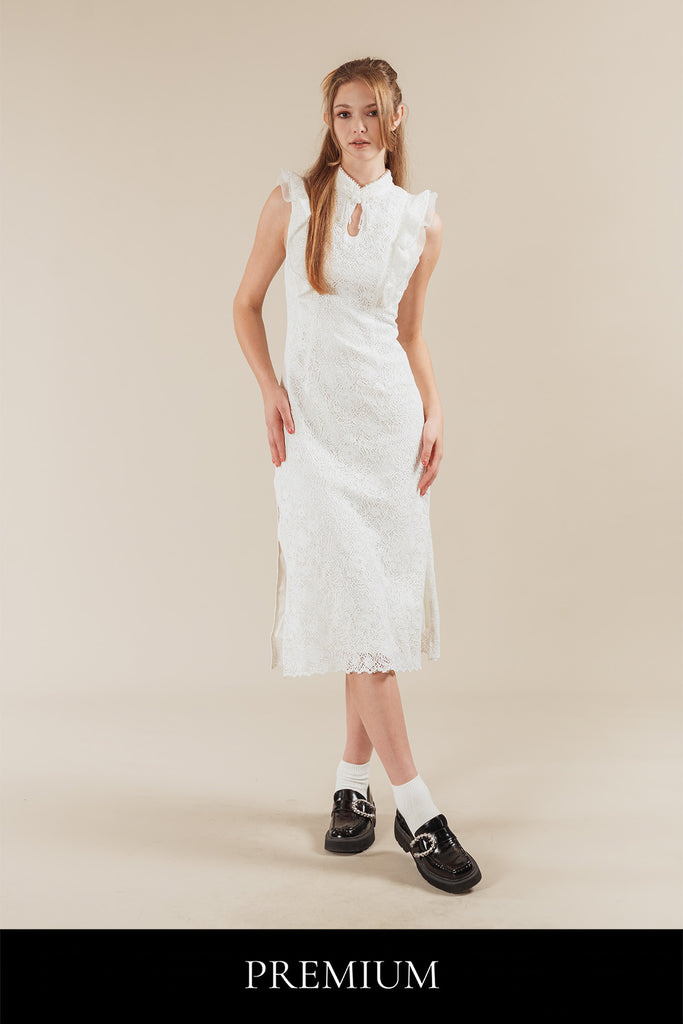 Evenia Floral Lace Eyelet Ruffled Cheongsam Maxi Dress