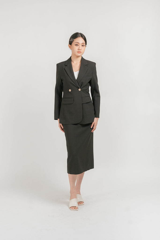 Ferronia Notched Lapel Double Breasted Blazer with Midi Skirt Set