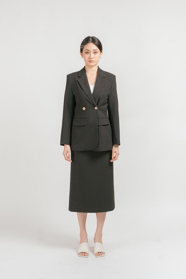 Ferronia Notched Lapel Double Breasted Blazer with Midi Skirt Set