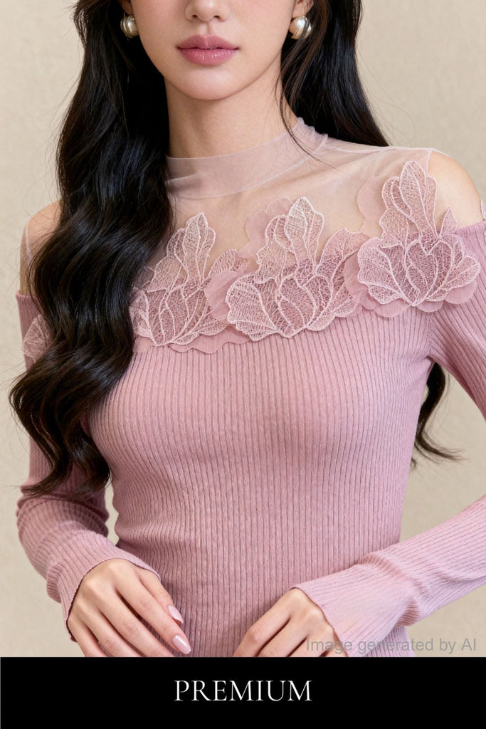 Fiora Sheer-Lace Yoke Rib Knit Top