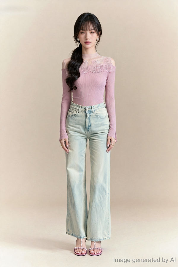 Fiora Sheer-Lace Yoke Rib Knit Top