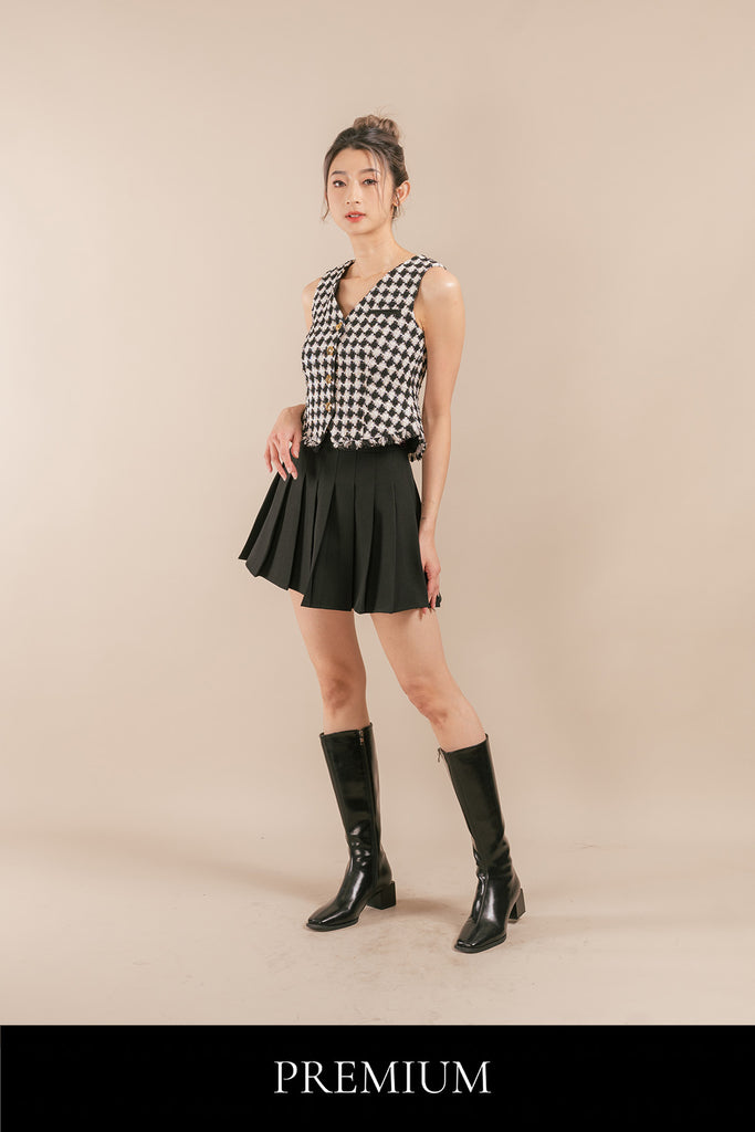 Geolinna Tweed Argyle Vest and Pleated Skirt Set