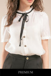 Gerlissa Pleated Ruffled Ribbon Tie Short Sleeve Blouse