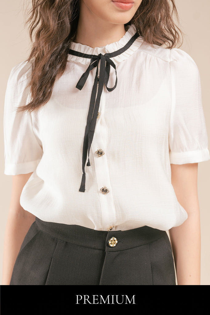 Gerlissa Pleated Ruffled Ribbon Tie Short Sleeve Blouse