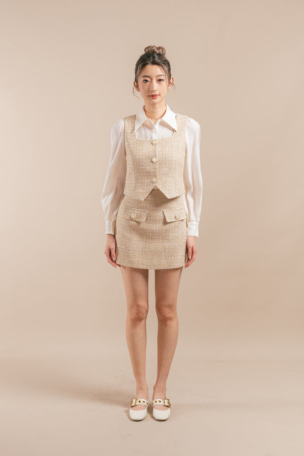 Herissa Tweed Camisole, Shirt, and Short Skirt Set