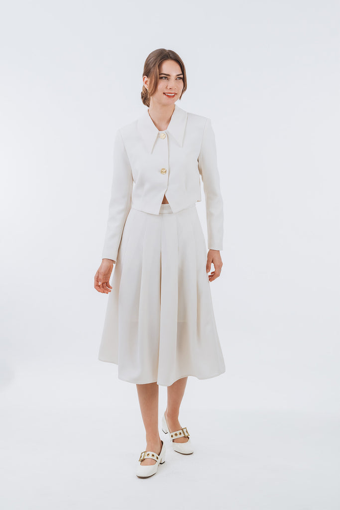 Jayneuss Cropped Long Sleeve Jacket and Midi Pleated Skirt Set