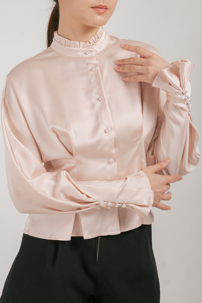 Jenniva Satin Pleated Ruffled Blouse