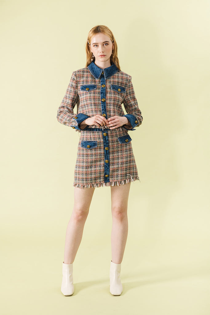 Jenrosse Checkered Denim Tweed Cardigan and Skirt Set