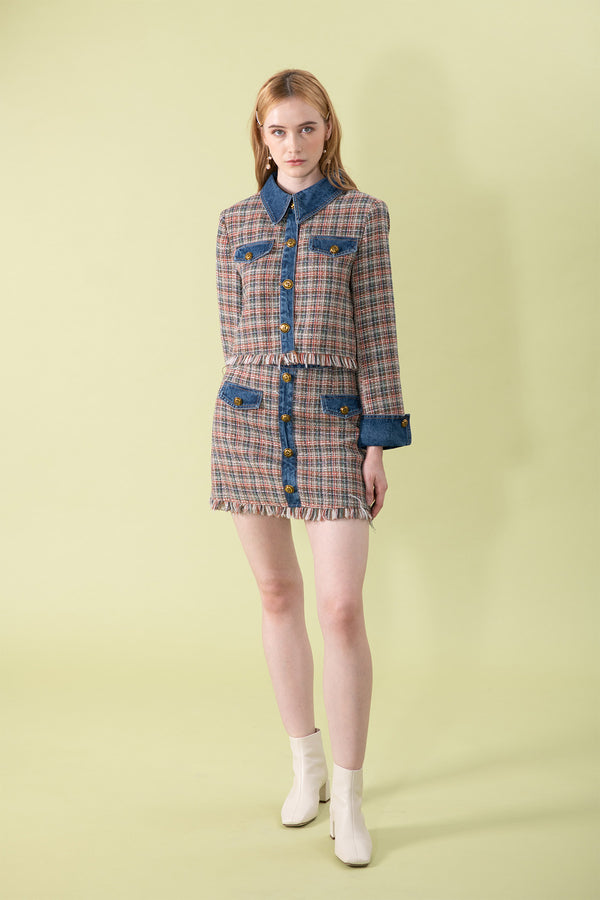 Jenrosse Checkered Denim Tweed Cardigan and Skirt Set
