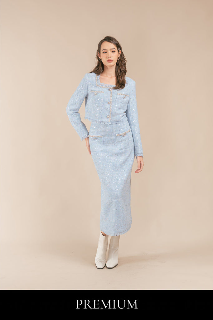 Julianna Sequin Tweed Fringe Cardigan and Maxi Skirt Set