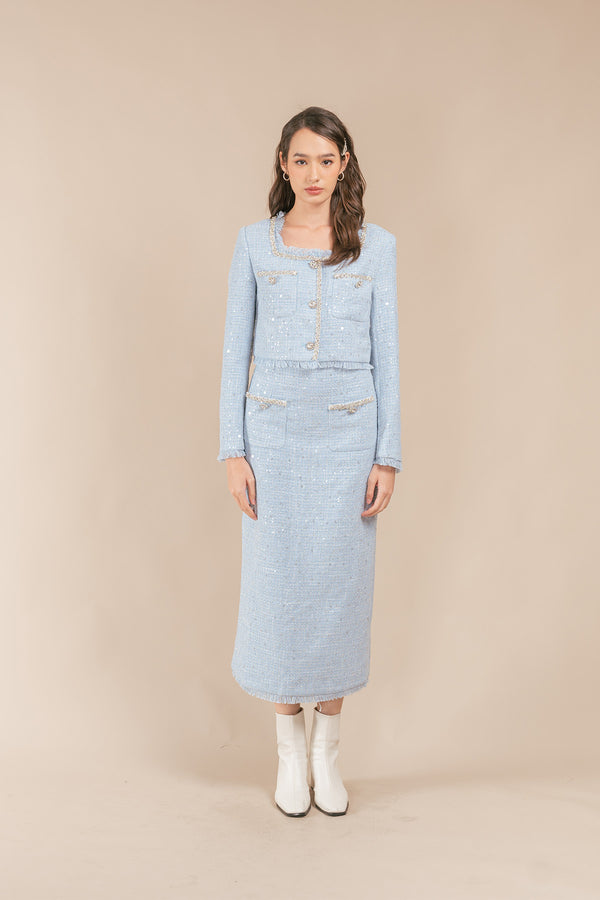 Julianna Sequin Tweed Fringe Cardigan and Maxi Skirt Set