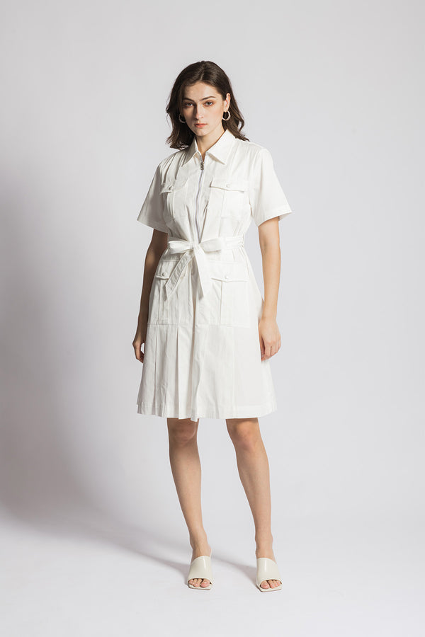 Julietta Self-Tie Shirt Collar Pleated Short Dress