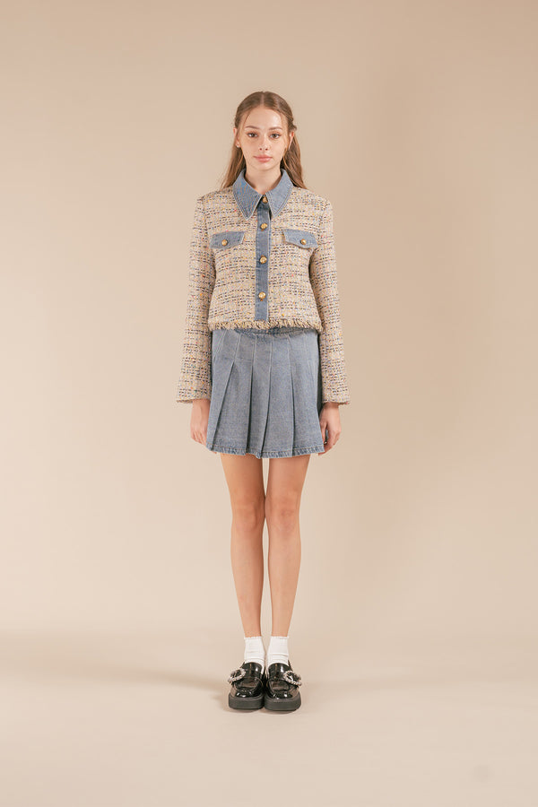 Junissa Denim Tweed Jacket and Pleated Skirt Set