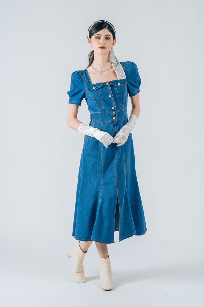 Kearllya Denim Puff Sleeve Maxi Dress