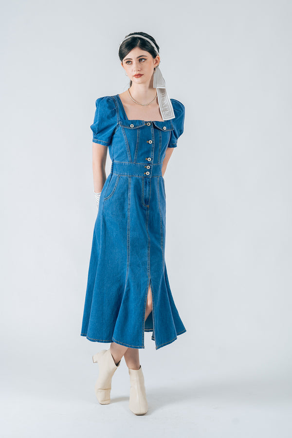 Kearllya Denim Puff Sleeve Maxi Dress