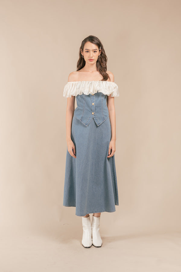 Kevissa Denim Off Shoulder Top and Maxi Skirt Set