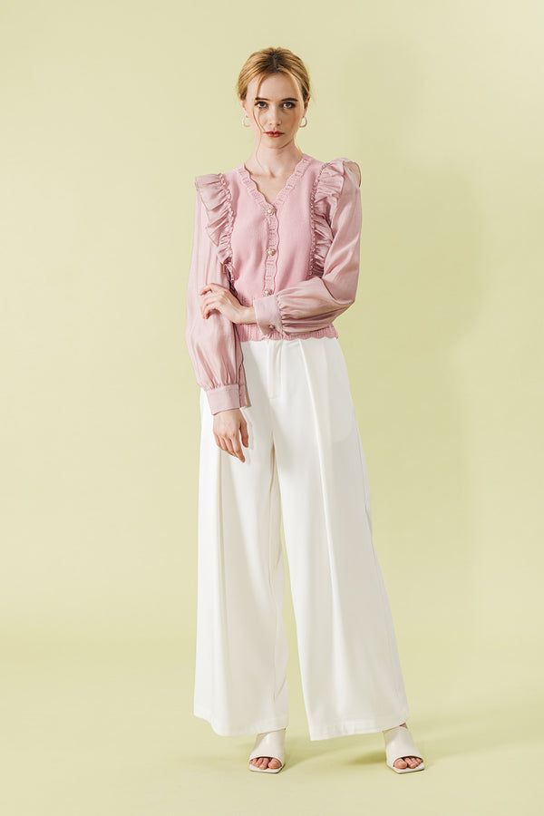 Laurreane Ruffled Sheer Sleeve Cardigan