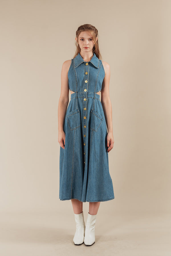 Lenissa Denim Sleeveless Cutout Maxi Dress