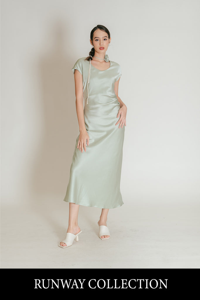 Lerossia Satin Rose Ribbon Tie Ruched Maxi Dress