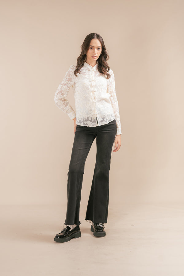 Levonni Sheer Floral Lace Chinese Style Blouse