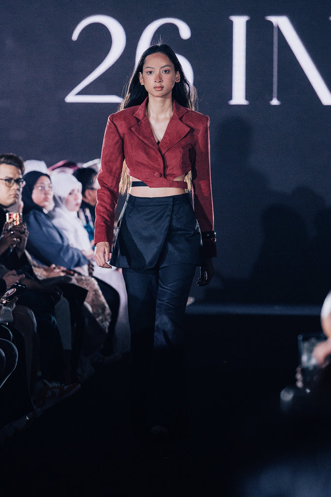 Seraphinaa Asymmetrical Velvet Cropped Blazer with Tailored Mini and Flared Tailored Trousers Set